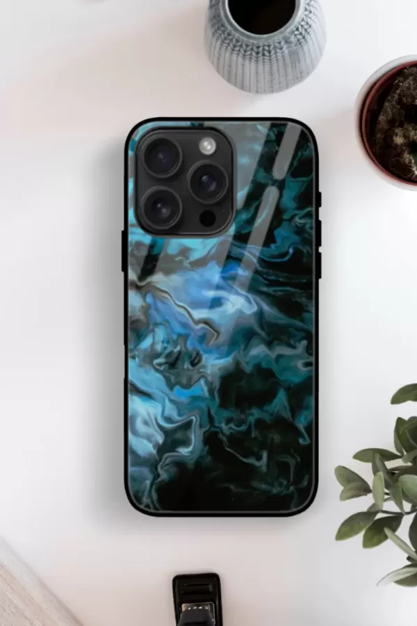 Midnight Sea iPhone Glass Case – Deep Blue & Black Water Waves Design